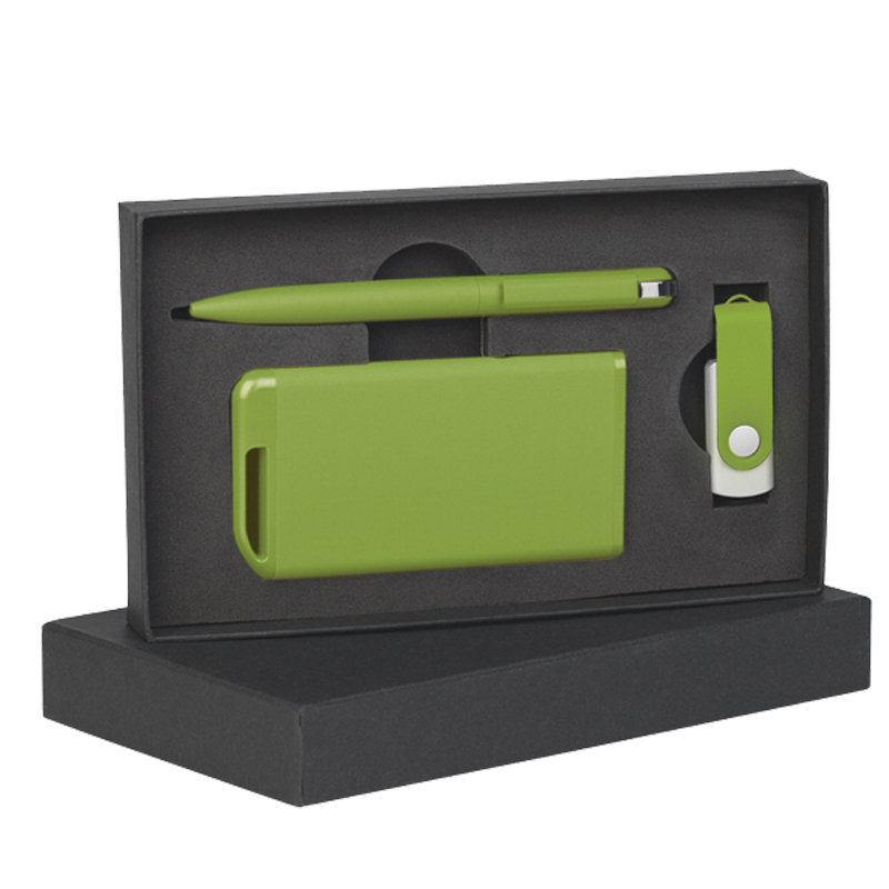 Набор ручка + флеш-карта 16Гб + зарядное устройство 4000 mAh в футляре, покрытие soft touch, цвет зеленое яблоко