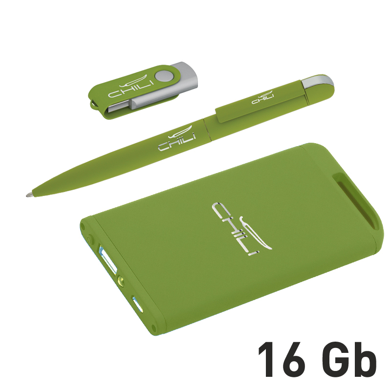 Набор ручка + флеш-карта 16Гб + зарядное устройство 4000 mAh в футляре, покрытие soft touch, цвет зеленое яблоко