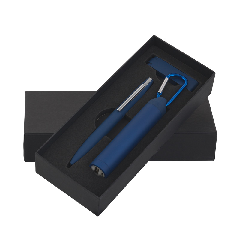 Набор ручка + флеш-карта 8Гб + зарядное устройство 2800 mAh в футляре, покрытие soft touch, цвет темно-синий
