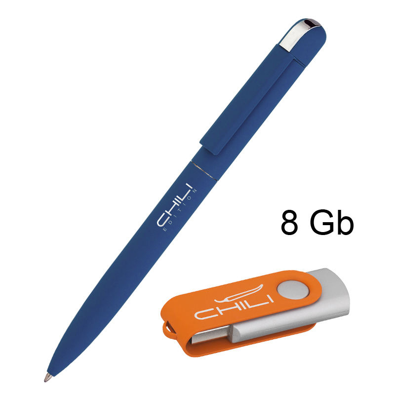 Набор ручка + флеш-карта 8 Гб в футляре, покрытие soft touch, цвет темно-синий с оранжевым