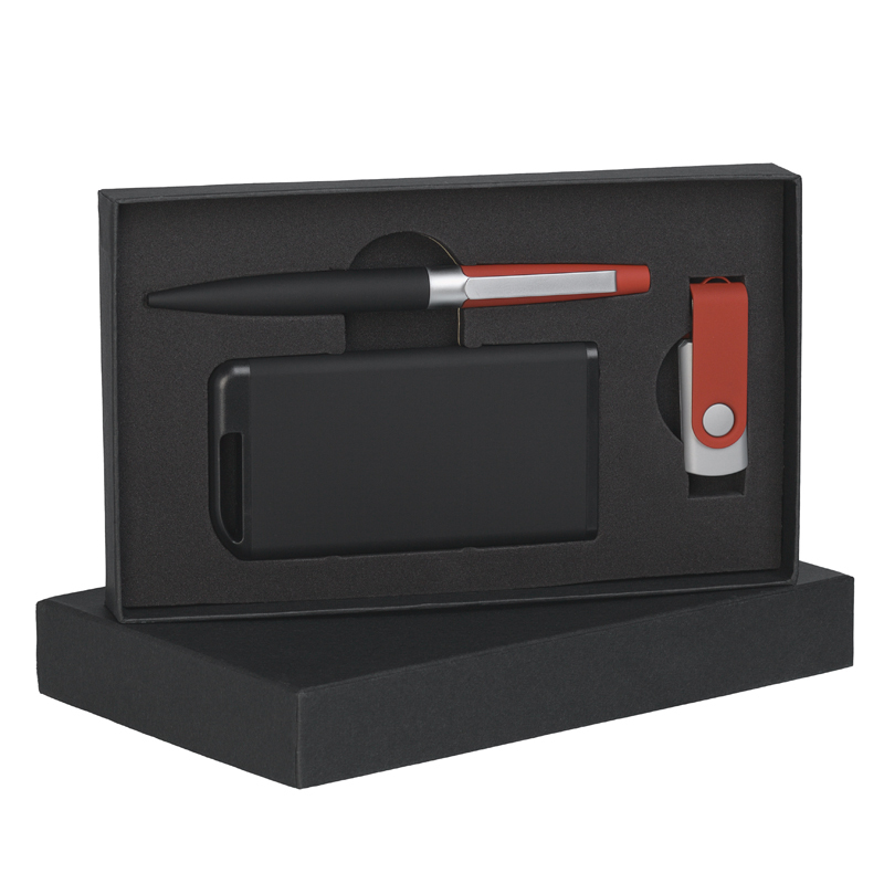 Набор ручка + флеш-карта 16Гб + зарядное устройство 4000 mAh в футляре, покрытие soft touch, цвет черный с красным