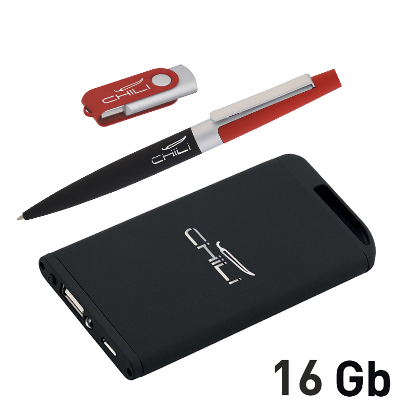 Набор ручка + флеш-карта 8Гб + зарядное устройство 4000 mAh в футляре, покрытие soft touch, цвет черный с красным