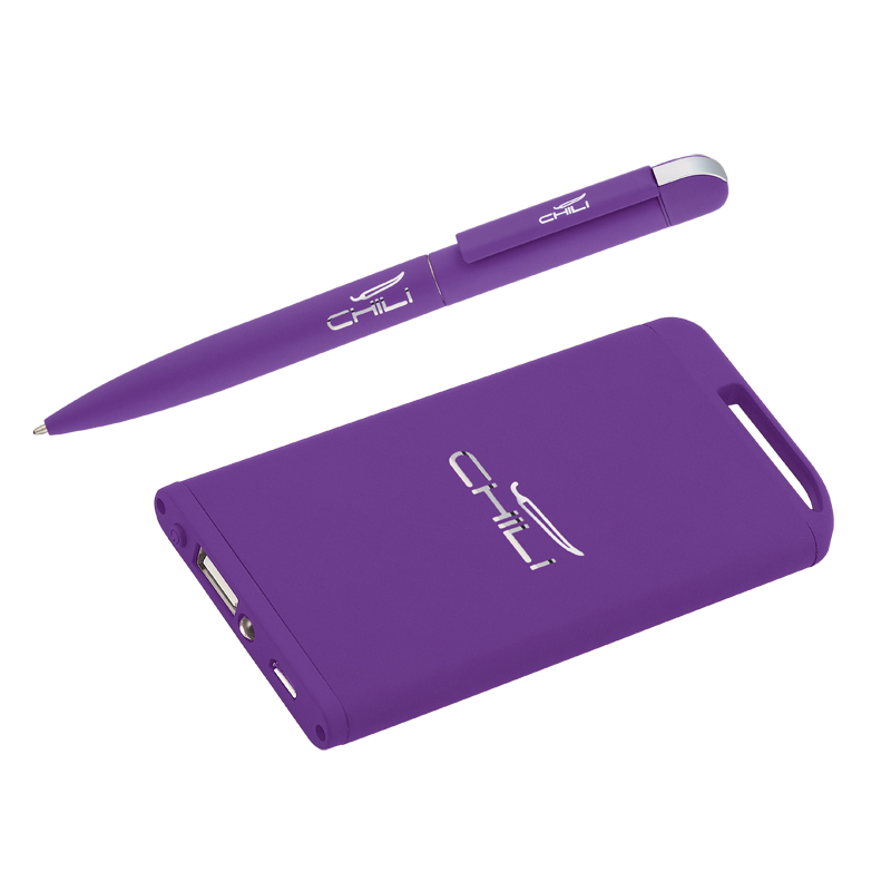 Набор ручка + зарядное устройство 4000 mAh, покрытие soft touch, цвет фиолетовый