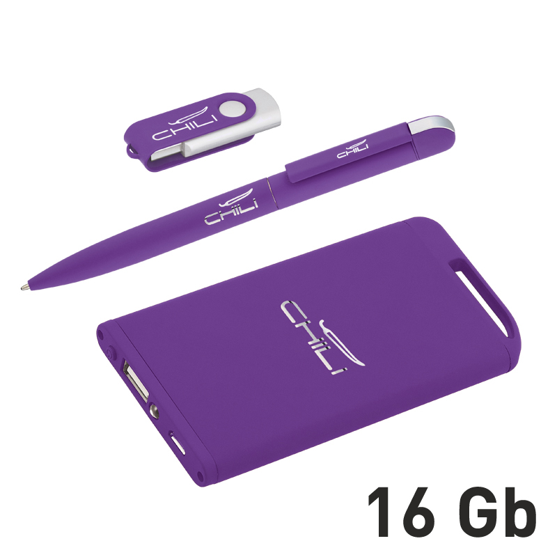 Набор ручка + флеш-карта 8Гб + зарядное устройство 4000 mAh в футляре, покрытие soft touch, цвет фиолетовый
