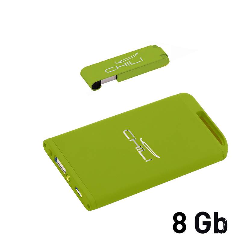 Набор зарядное устройство "Theta" 4000 mAh + флеш-карта "Case" 8Гб в футляре, покрытие soft touch, цвет зеленое яблоко