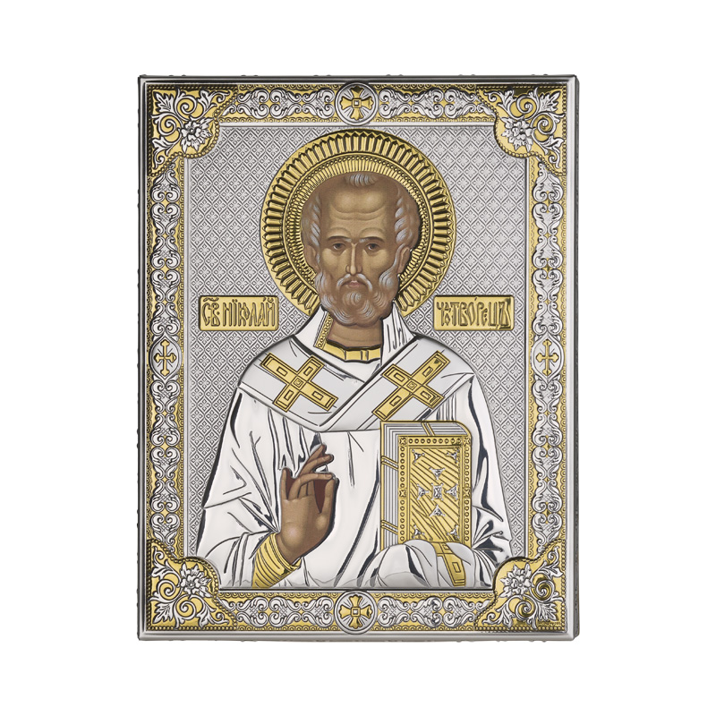 Икона "Николай Чудотворец", цвет золотистый с серебром