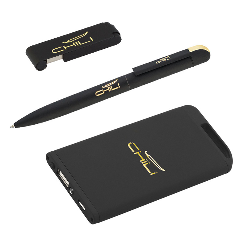 Набор ручка + флеш-карта 8Гб + зарядное устройство 4000 mAh в футляре, покрытие soft touch, цвет черный с золотом