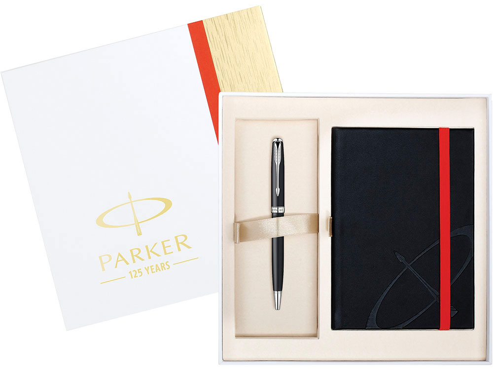 Подарочный набор Parker: ручка шариковая Sonnet Matt Black CT, дизайнерский блокнот