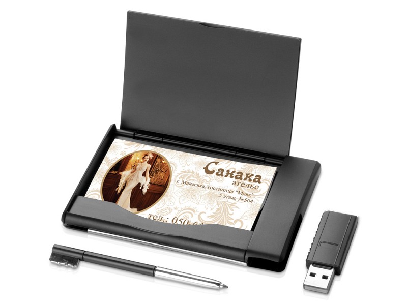 Визитница с флеш-картой USB 2.0 на 4 Gb и ручкой, серебристый/черный