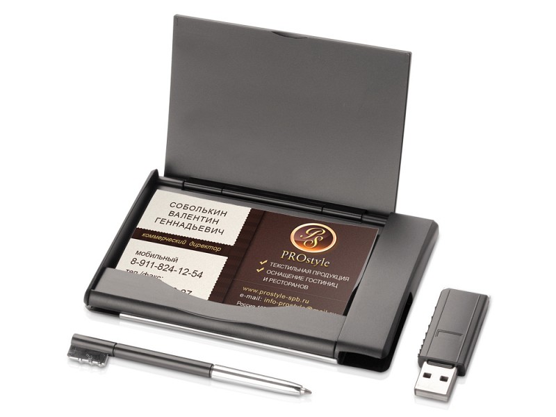 Визитница с флеш-картой USB 2.0 на 4 Gb и ручкой, коричневый/черный