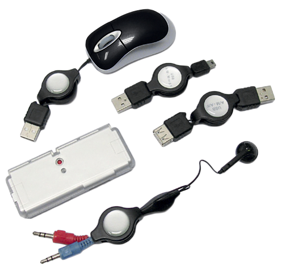 Набор компьютерных аксессуаров в футляре: оптическая мышка, USB Hub на 4 порта, наушник с микрофоном, набор переходников