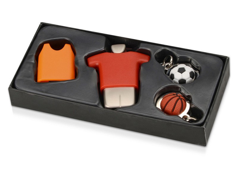 Брелок со сменными декоративными насадками в виде футболок и мячей, красный/оранжевый/серебристый
